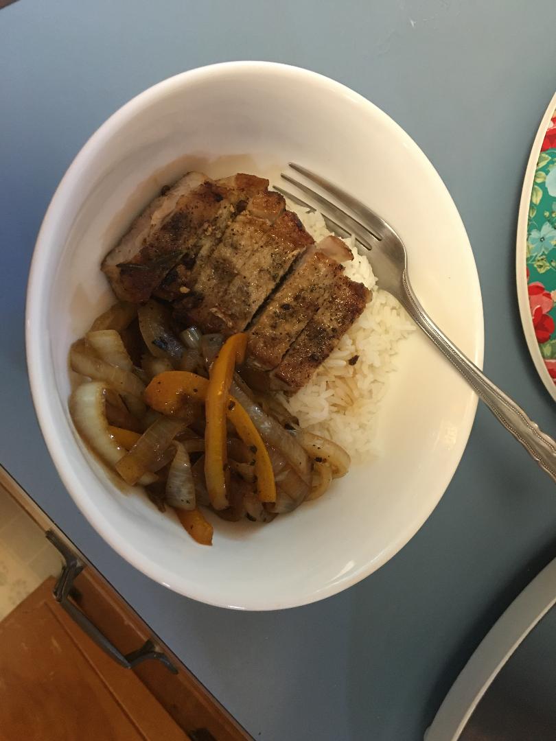 Roast garlic & rosemary porkchops with sweet & sour peppers.jpg